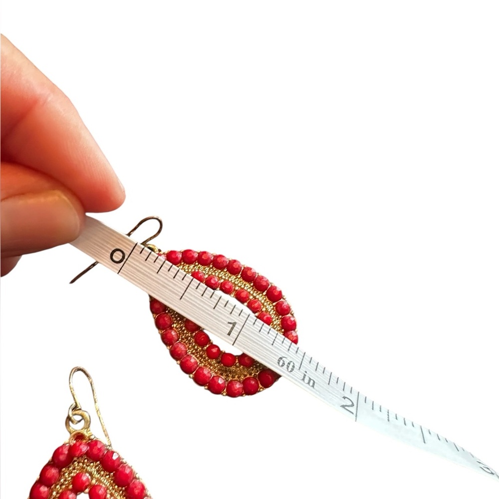 Vintage Inspired Red Beaded and Gold Hollow Teardrop Drop Earrings - Picture 6 of 6